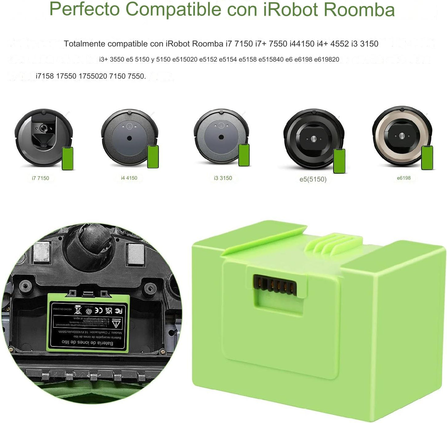 Bateria 4000mAh: Compatible con Roomba Irobot series E, I y J